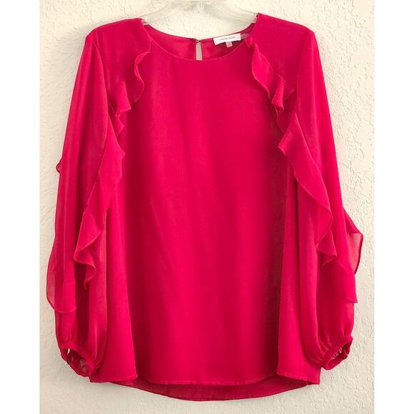 TOP-CALVIN KLEIN-Red-Long Sleeves w/Ruffles-Pullover-Lined-Size LARGE - Picture 1 of 12